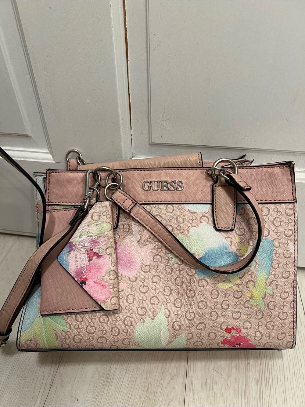 GUESS Pink Floral Logo Satchel with Pastel Accents